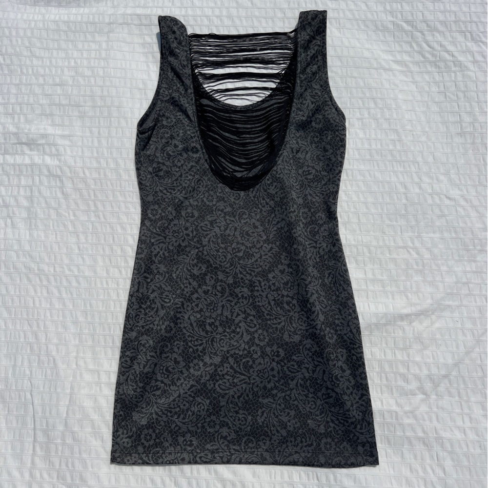 Poetry Grey Lace Print Backless Mini Dress with Draped Cords, L